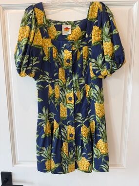 Farm Rio Tropical Pineapple Button-Front Mini Dress - Navy & Yellow